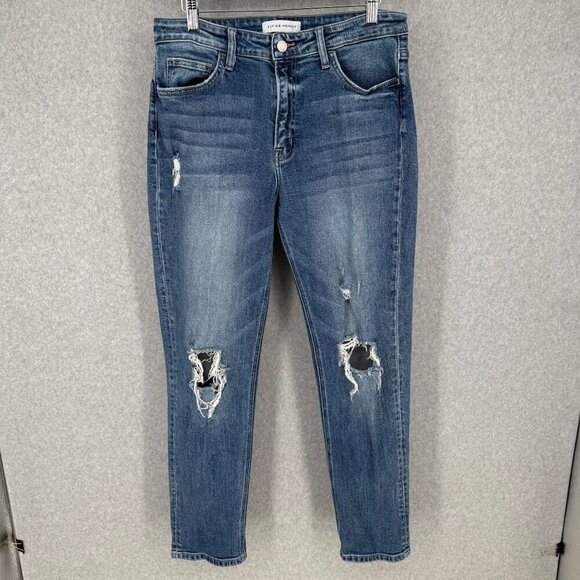 Flying Monkey Womens Distressed Cuffed Boyfriend Jean Size 30 Blue Denim Stretch - Picture 1 of 14